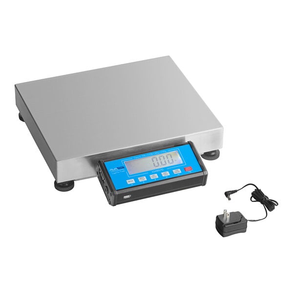 A digital receiving scale with a stainless steel platform, blue control panel, and included power adapter.