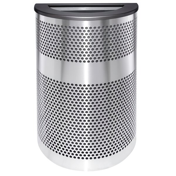 A silver stainless steel half round waste receptacle with black textured lid.