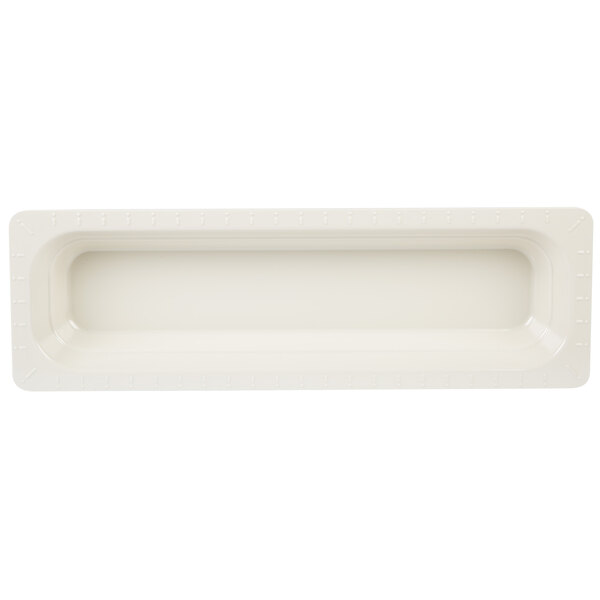 A white rectangular melamine food pan with a rectangular edge.