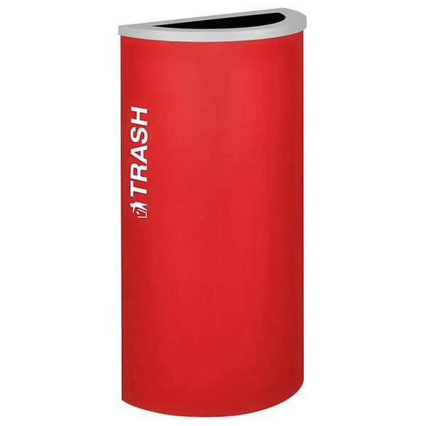 A red half round trash receptacle with white text that says "Trash" on it.