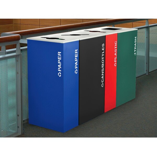 A row of different colored Ex-Cell Kaiser rectangular paper receptacles, including a blue one with white text.