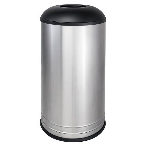 A silver stainless steel Ex-Cell Kaiser International Collection waste receptacle with a black textured lid.