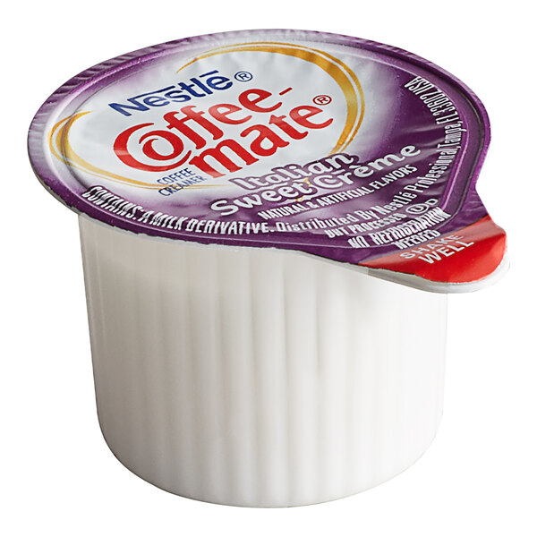 A case of 180 Nestle Coffee-Mate Italian Sweet Creme single serve non-dairy creamer containers.