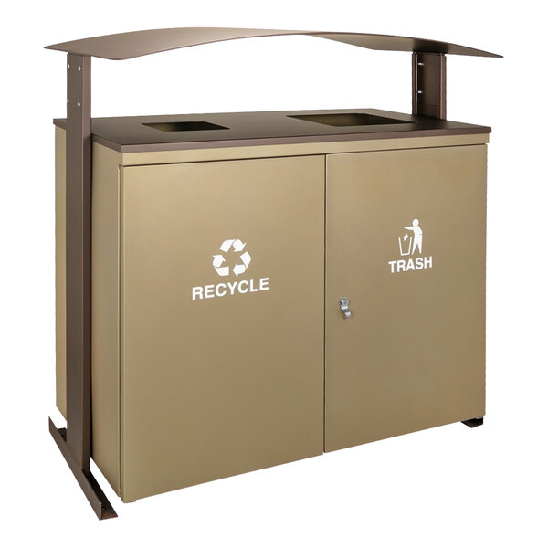 A brown rectangular metal two-stream recycling bin with a brown canopy.