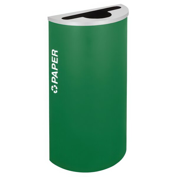 An emerald green half round paper receptacle with white text reading "paper"