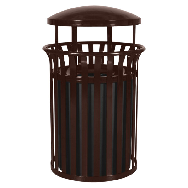 An Ex-Cell Kaiser brown coffee gloss outdoor trash receptacle with a black lid.