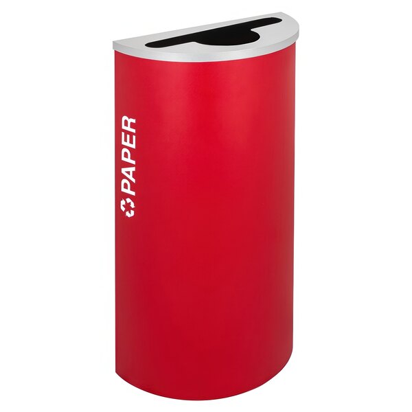 A red half round paper receptacle with white text reading "paper"