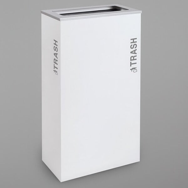 A white rectangular Ex-Cell Kaiser trash receptacle with a lid with black text on it.