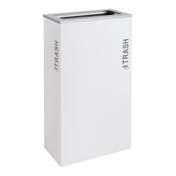 A white rectangular 17-gallon trash can with a top slot opening and 'TRASH' labeled on the sides.