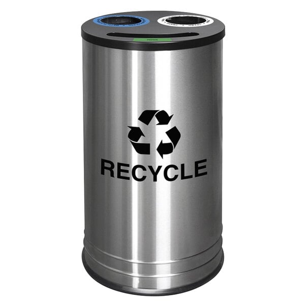 A stainless steel Ex-Cell Kaiser round recycling receptacle with a recycle symbol on it.