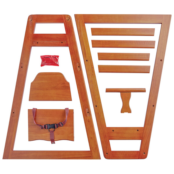 A wooden Lancaster Table & Seating high chair with a walnut finish, a seat, and a seat belt.