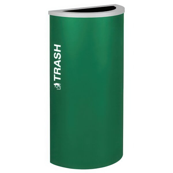 An emerald green half round trash receptacle with white text that says "Hartst"