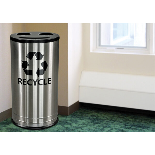 A stainless steel Ex-Cell Kaiser 3 stream recycling bin with a recycle symbol on it.