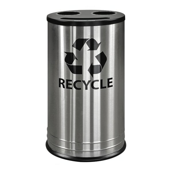 A stainless steel Ex-Cell Kaiser 3 stream recycling bin with the word recycle in black on it.