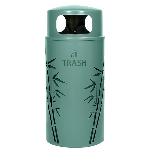 A green Ex-Cell Kaiser Nature Series steel trash receptacle with a bamboo design.