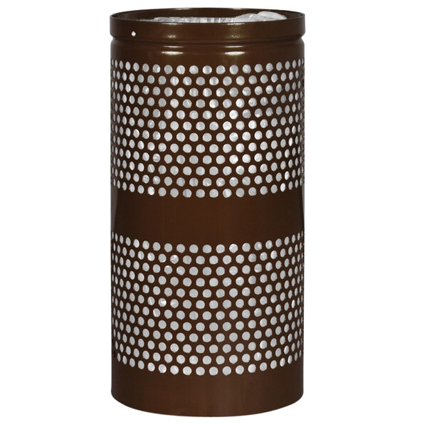 A brown Ex-Cell Kaiser round metal trash receptacle with white perforated circles.