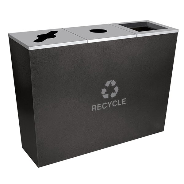 A black rectangular recycling bin with three separate bins.