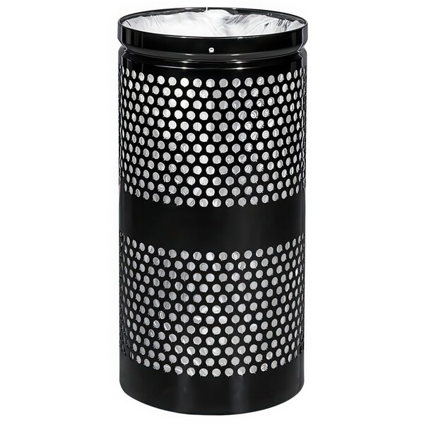 A black Ex-Cell Kaiser Landscape Series waste receptacle with silver circles.