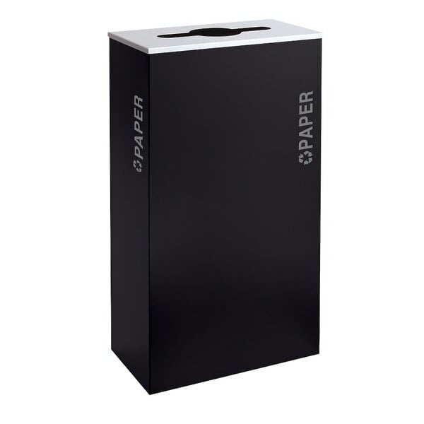 A black rectangular paper receptacle with a black lid decorated with a white kaleidoscope pattern.