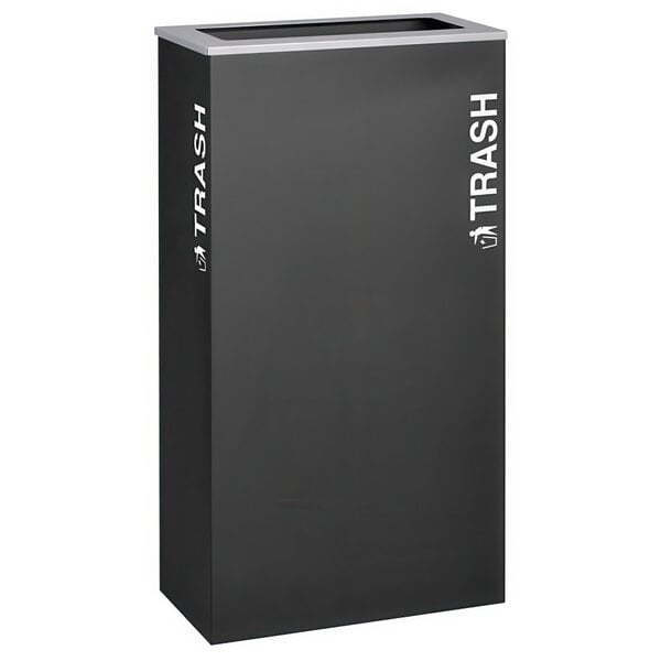 A black rectangular Ex-Cell Kaiser trash receptacle with white text that says "Trash" on it.