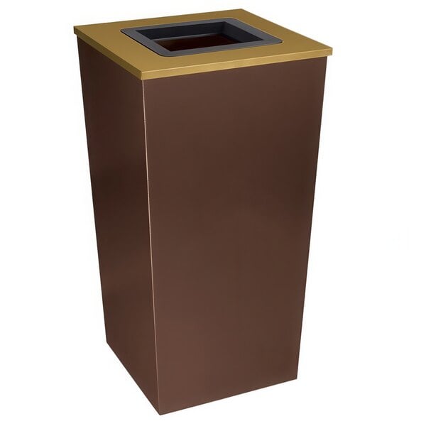 A brown rectangular Ex-Cell Kaiser Metro trash receptacle with a gold square lid.