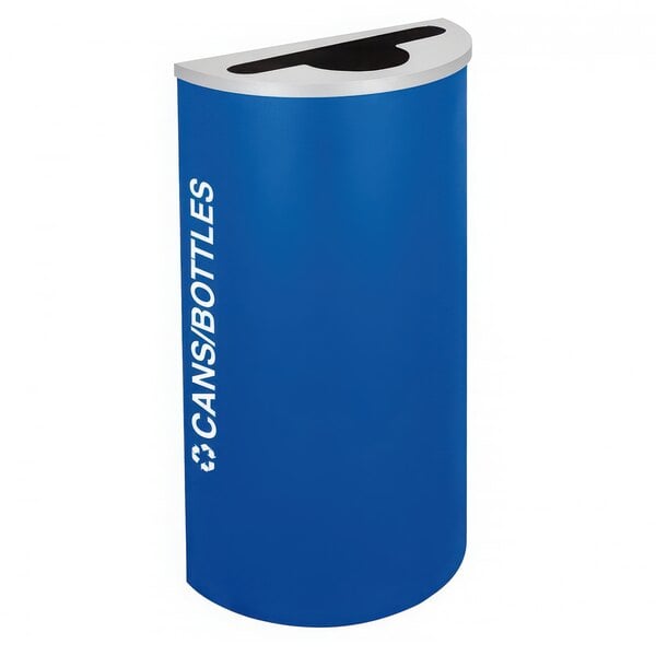 A royal blue half-round receptacle with white text reading "Cans / Bottles" and a silver kaleidoscope design.