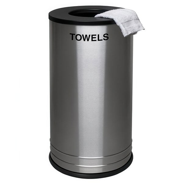 A silver stainless steel Ex-Cell Kaiser round towel receptacle.