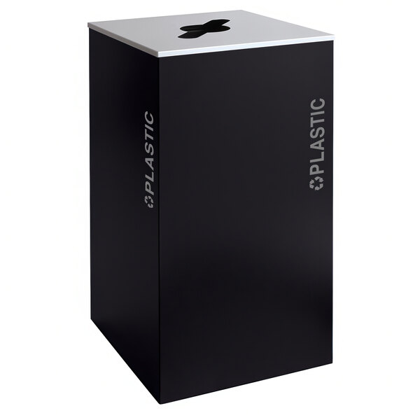 A black Ex-Cell Kaiser square trash can with a white lid.