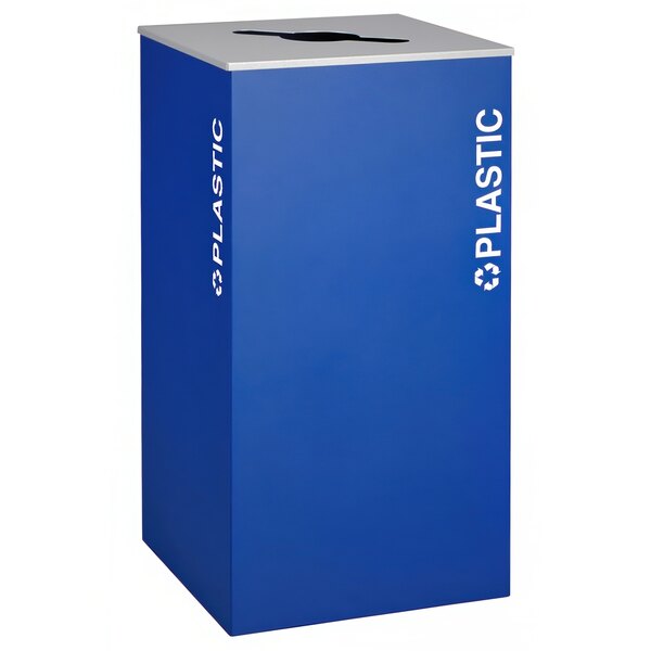 A blue rectangular plastic receptacle with white text reading "Plastic"