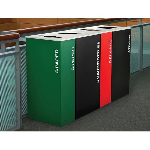 A black square trash receptacle with green, red, and white recycling symbols.