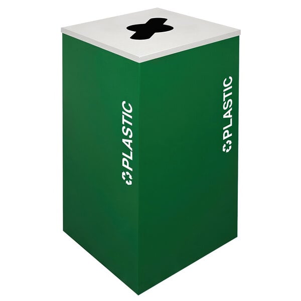 A green plastic square trash can with a white kaleidoscope pattern.