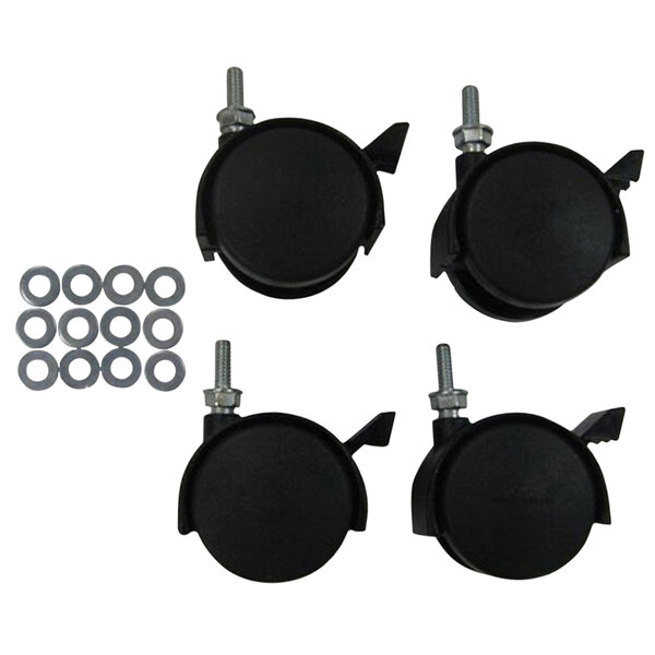 A pack of four Ex-Cell Kaiser black rubber Metro Collection casters with screws and nuts.