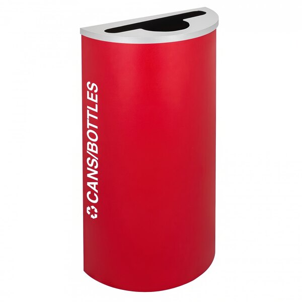 A red half-round receptacle with white text reading "Cans / Bottles"