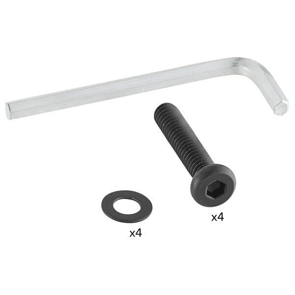 A black screw and washer set with a hex key.
