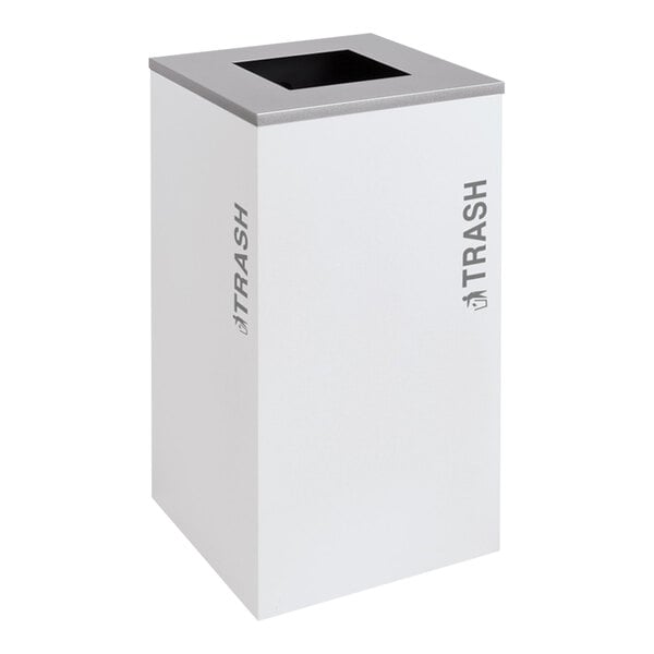 A white square trash can with a silver top and an open rectangular slot.