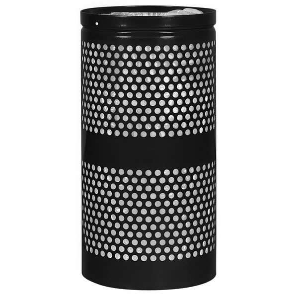 A black cylindrical Ex-Cell Kaiser landscape trash receptacle with perforations.