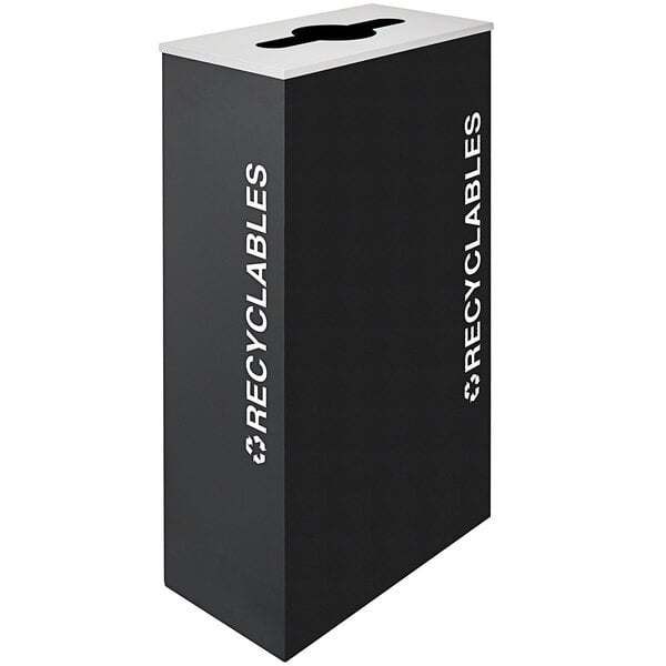 A black rectangular recycle bin with white text that says "Recyclables" on it.