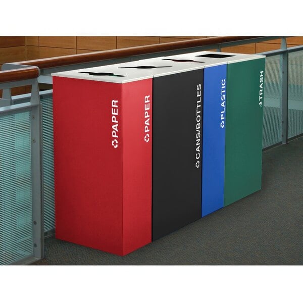 A row of rectangular Ex-Cell Kaiser Ruby Texture recycle bins in different colors.