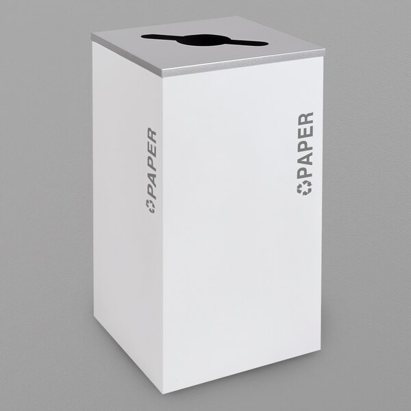 A white rectangular Ex-Cell Kaiser paper trash receptacle with a black lid with a hole in it and grey text on the front.