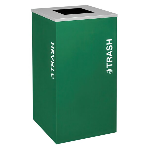 An emerald green square trash receptacle with the word "trash" in white text.