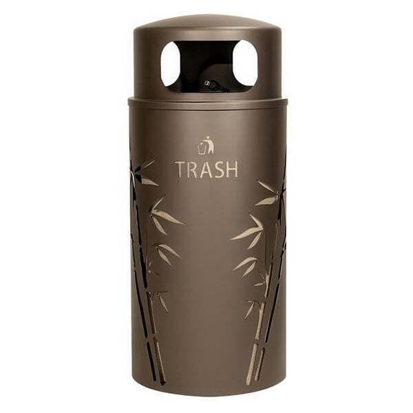 A brown steel Ex-Cell Kaiser outdoor trash receptacle with bamboo design.
