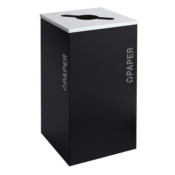 A black rectangular paper receptacle with a white lid.
