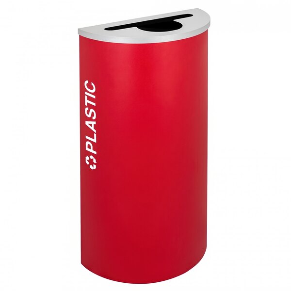 A red plastic half-round receptacle with white text that reads "plastic" on the front.