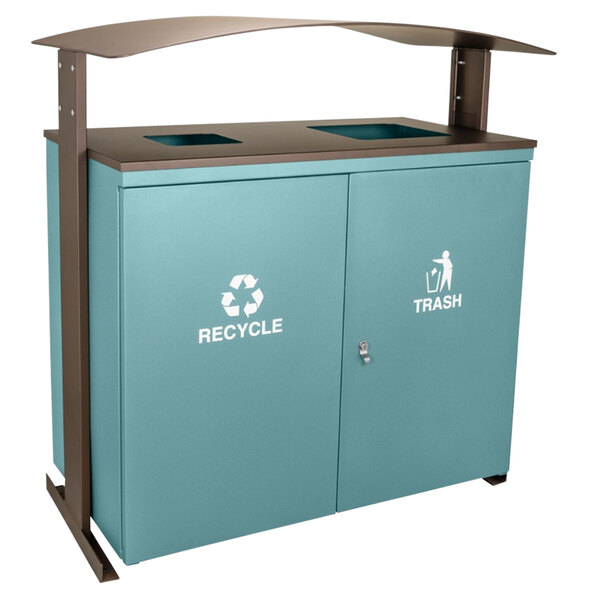 A blue trash can with a brown top.