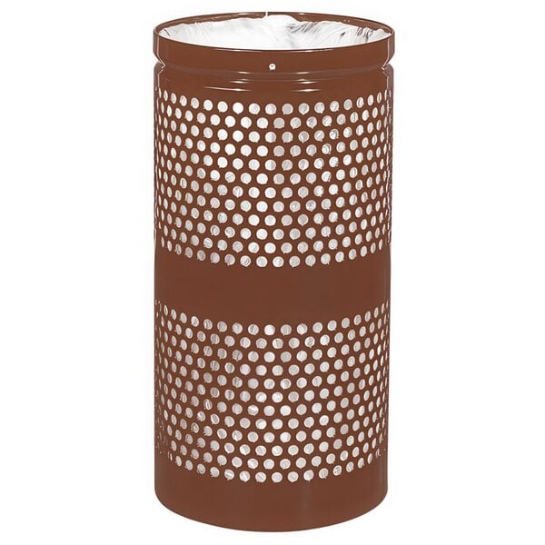 A brown Ex-Cell Kaiser round waste receptacle with white circles on it.