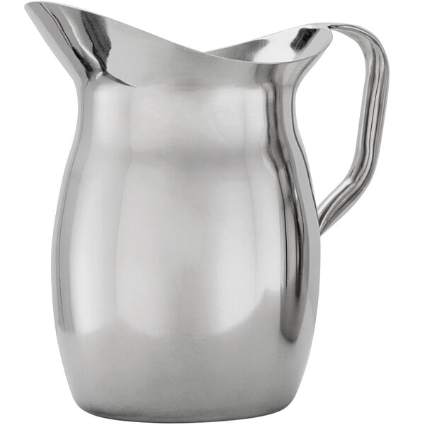 An American Metalcraft stainless steel bell pitcher with a handle.