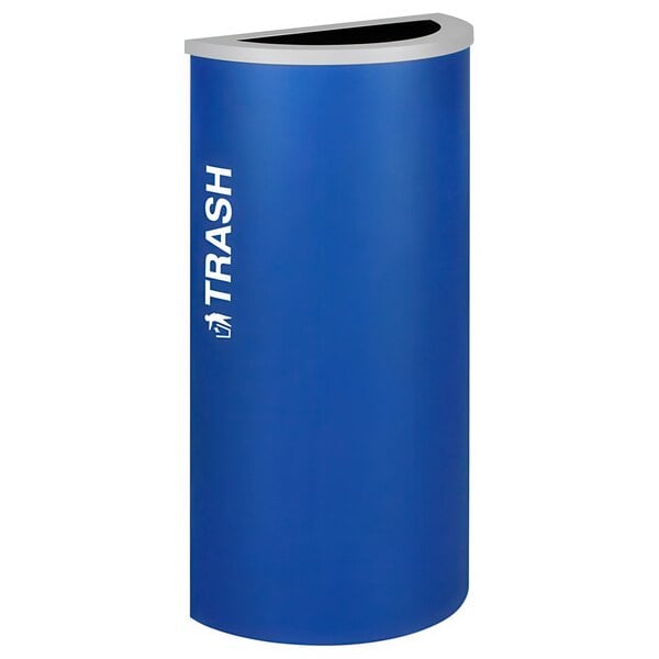 A royal blue half round trash receptacle with white text that reads "Kaleidoscope"