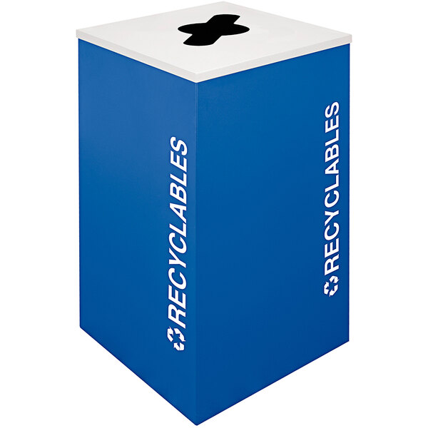 A royal blue square recycle bin with white text that says "Recyclables" on it.