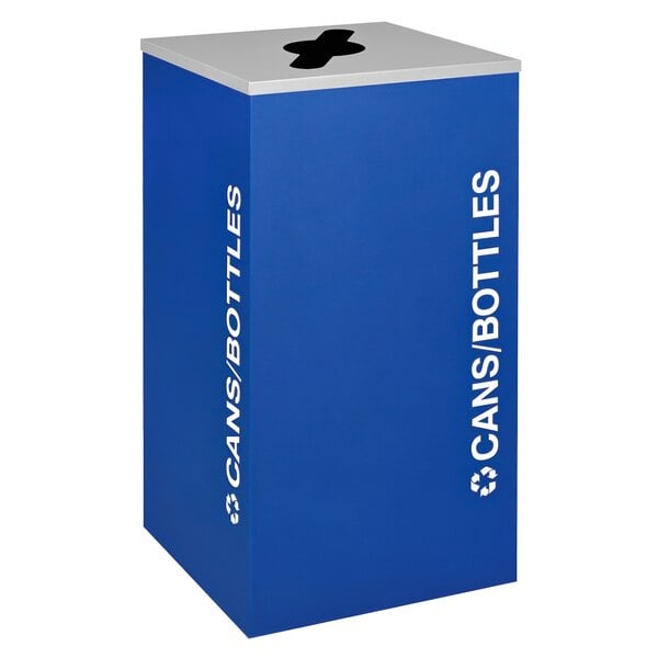 A royal blue square recycling receptacle with white text reading "Cans / Bottles" on the front.