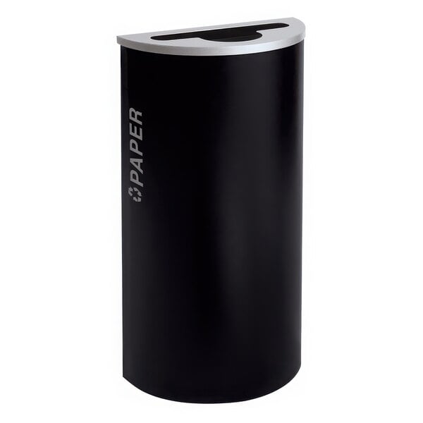 A black half round trash can with a silver lid.
